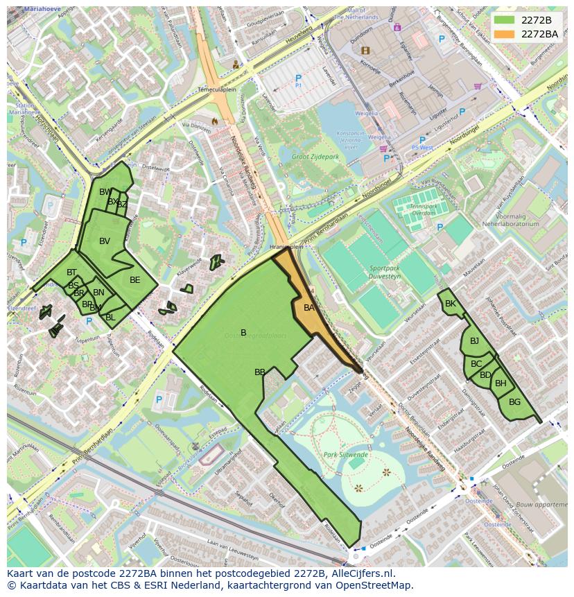Afbeelding van het postcodegebied 2272 BA op de kaart.