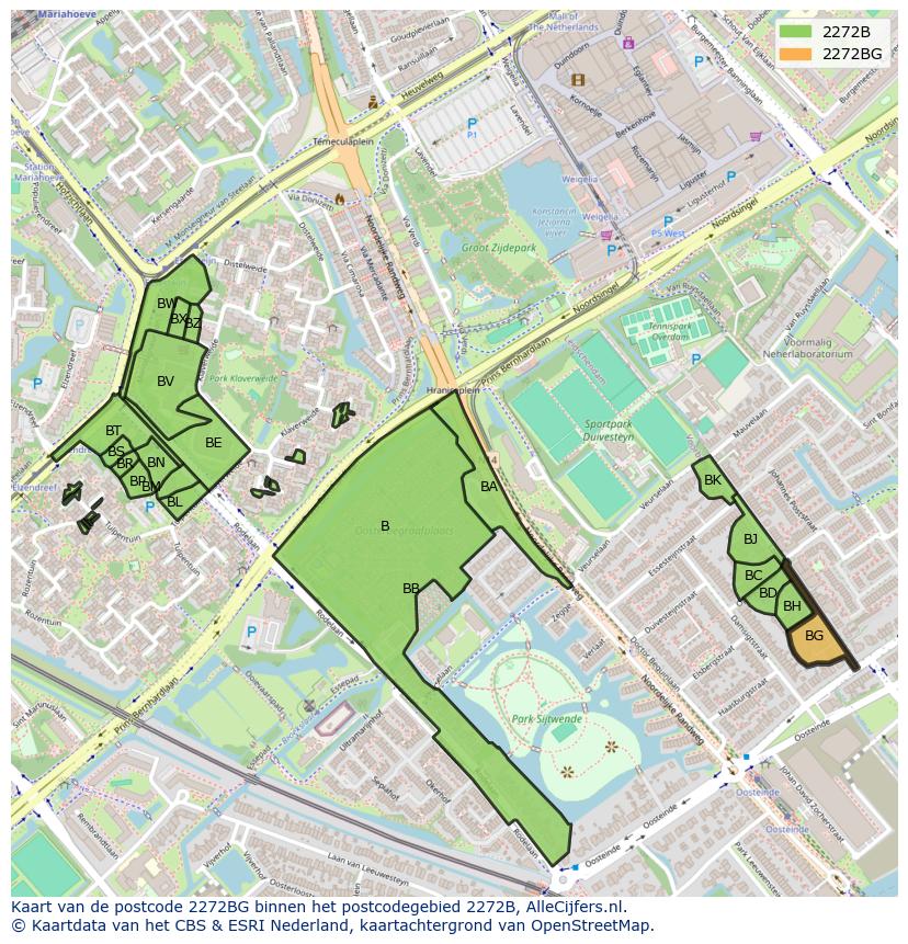 Afbeelding van het postcodegebied 2272 BG op de kaart.