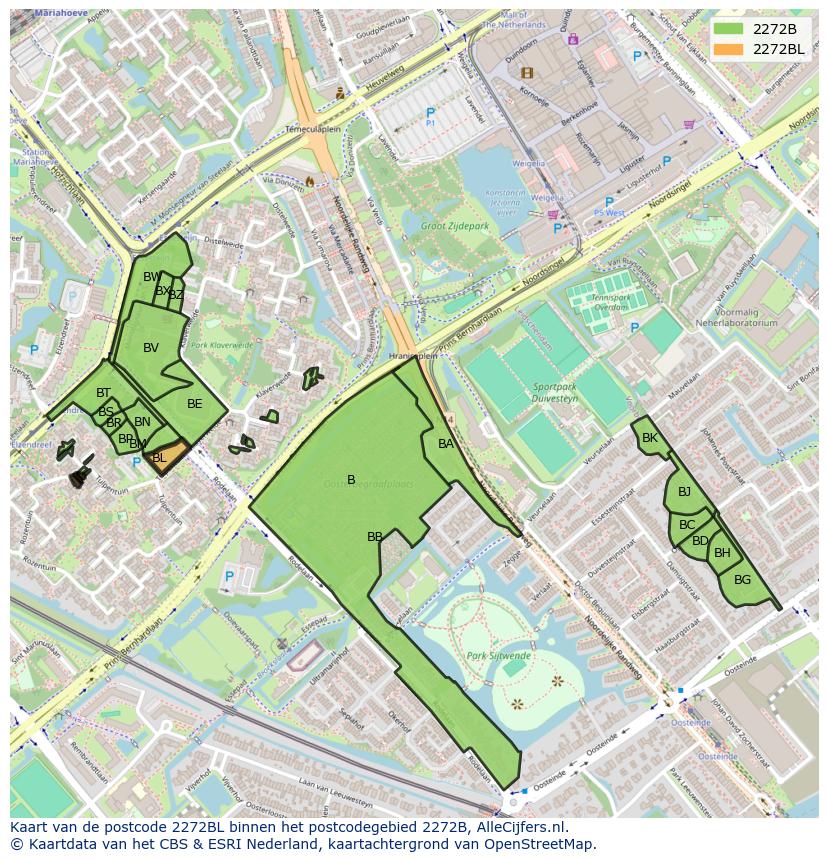 Afbeelding van het postcodegebied 2272 BL op de kaart.