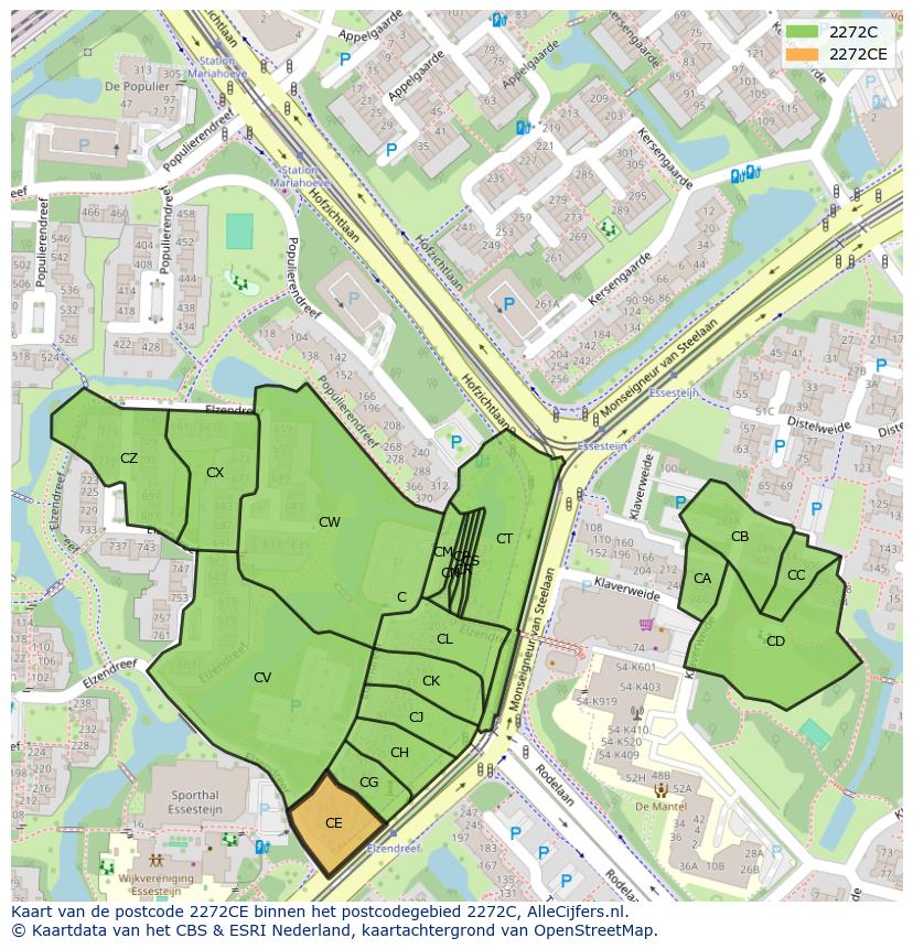 Afbeelding van het postcodegebied 2272 CE op de kaart.