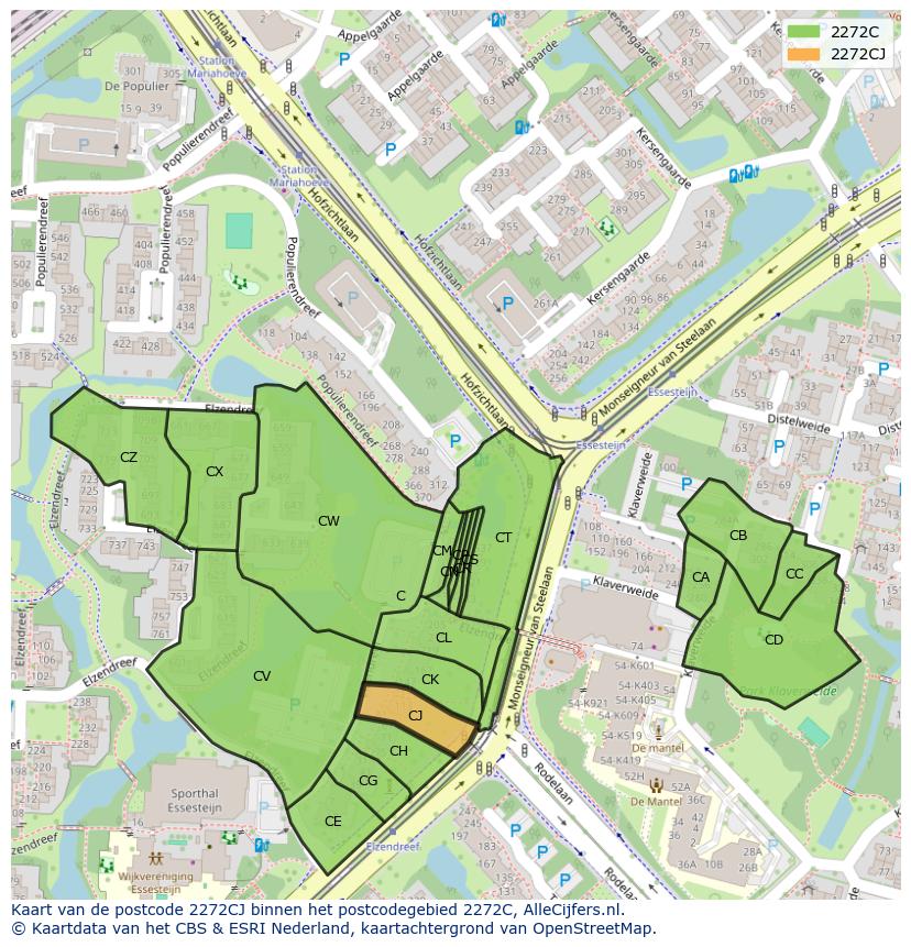 Afbeelding van het postcodegebied 2272 CJ op de kaart.