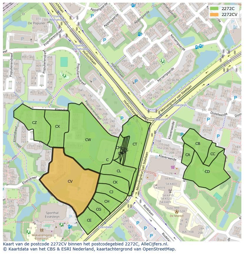 Afbeelding van het postcodegebied 2272 CV op de kaart.