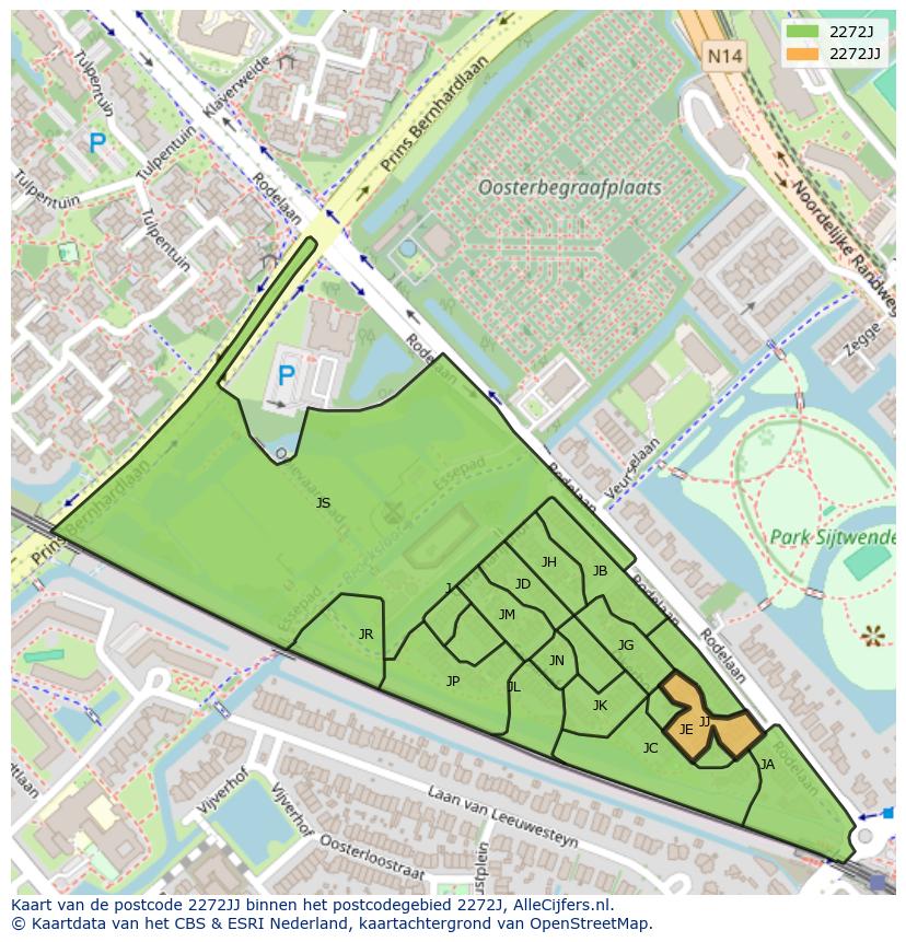 Afbeelding van het postcodegebied 2272 JJ op de kaart.