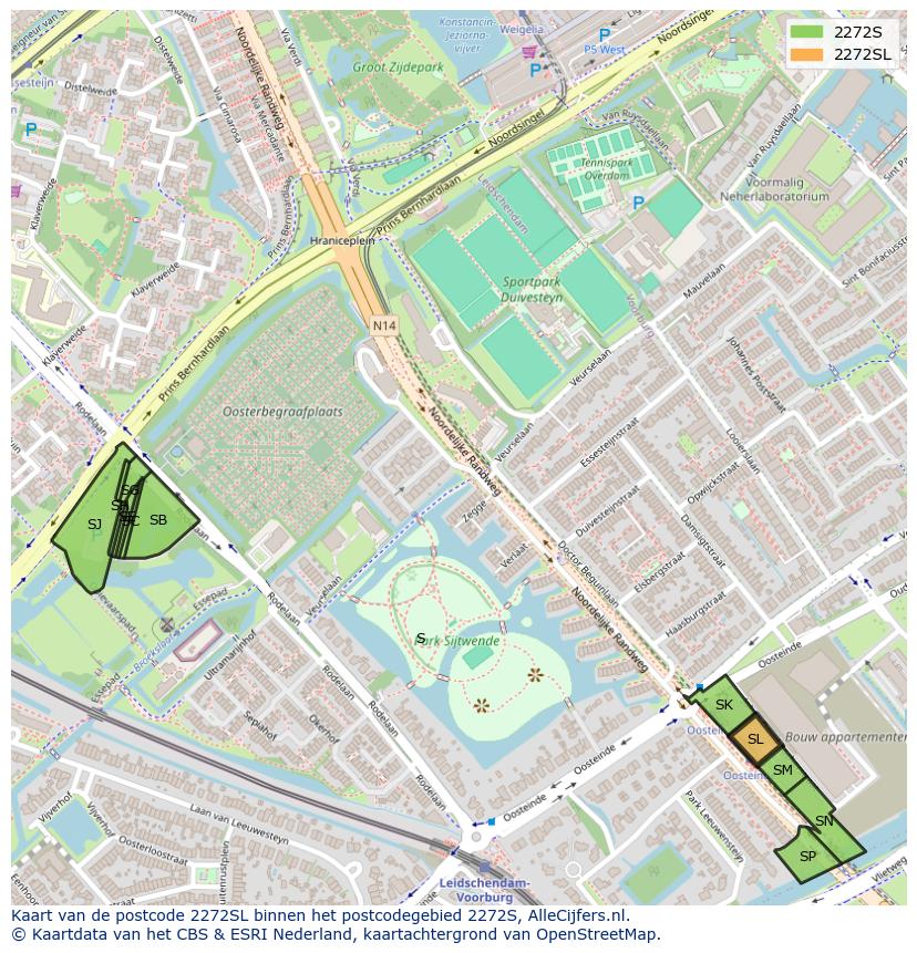 Afbeelding van het postcodegebied 2272 SL op de kaart.