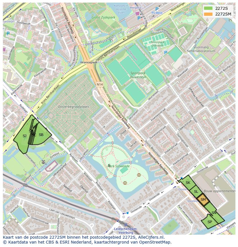Afbeelding van het postcodegebied 2272 SM op de kaart.