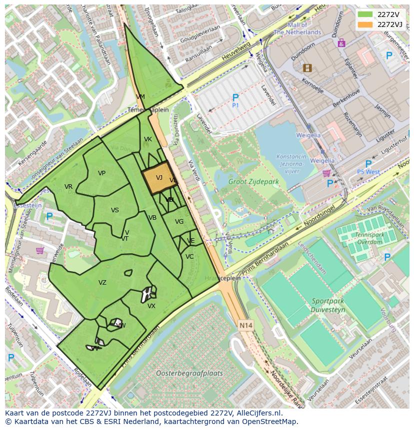 Afbeelding van het postcodegebied 2272 VJ op de kaart.