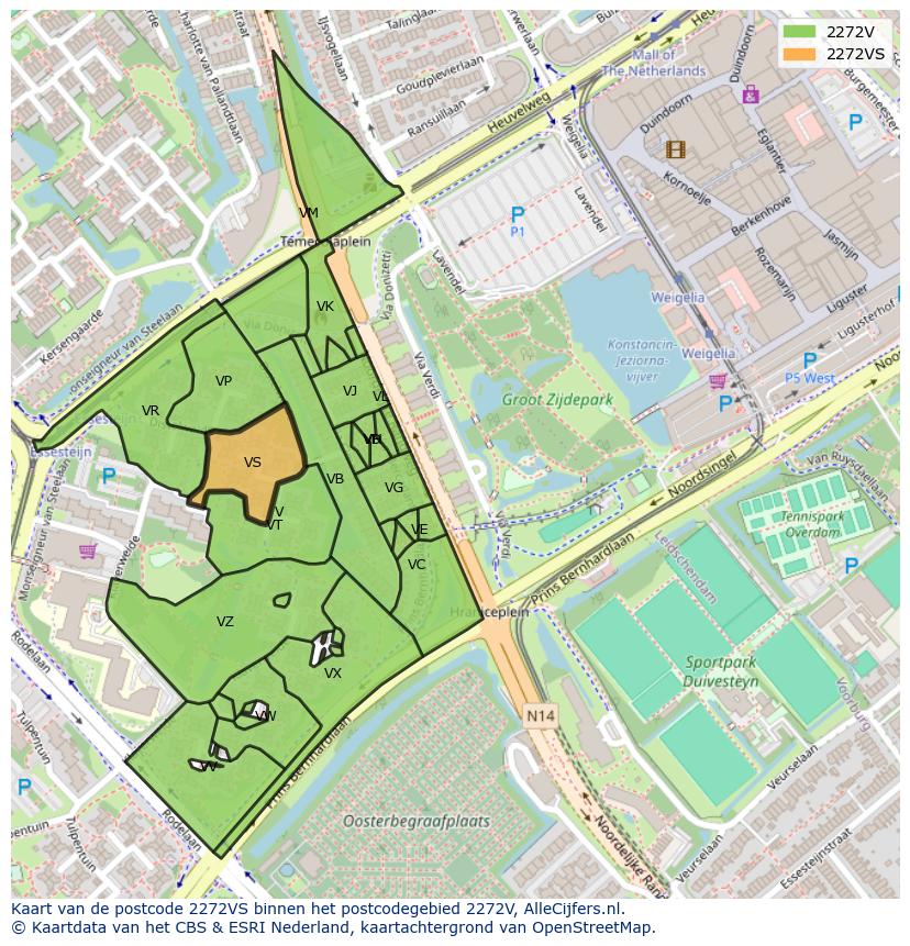 Afbeelding van het postcodegebied 2272 VS op de kaart.