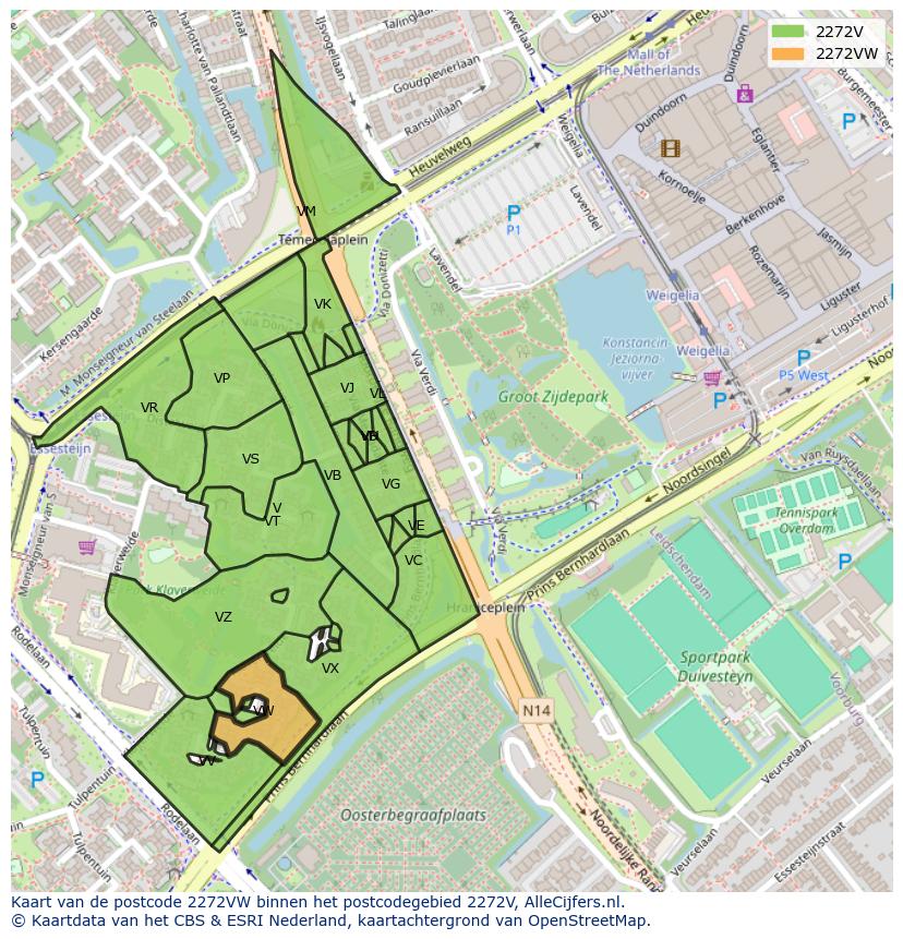 Afbeelding van het postcodegebied 2272 VW op de kaart.