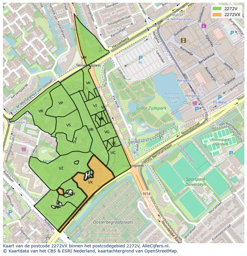 Afbeelding van het postcodegebied 2272 VX op de kaart.