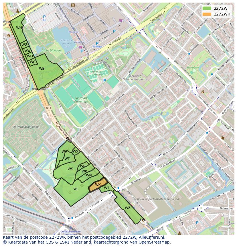 Afbeelding van het postcodegebied 2272 WK op de kaart.