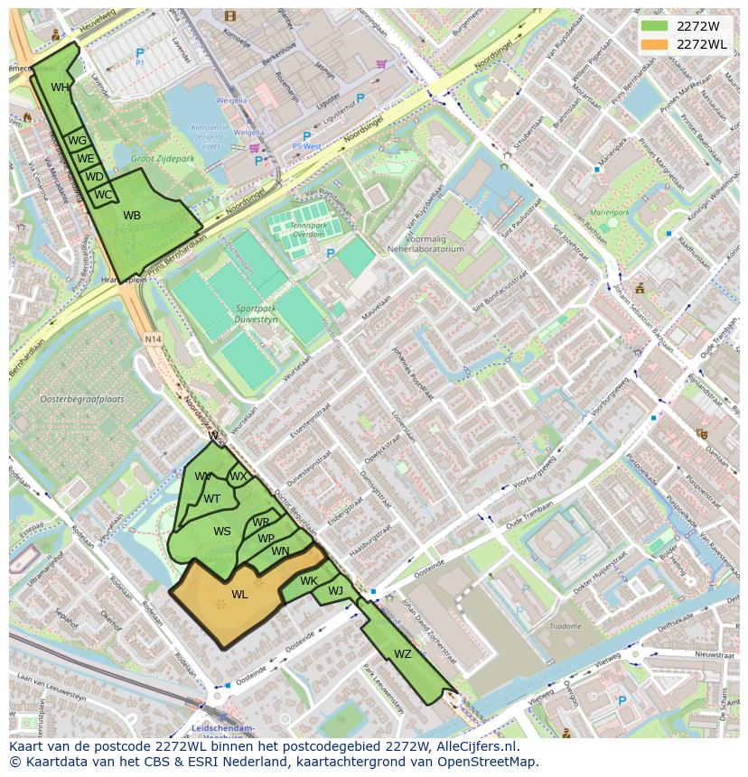 Afbeelding van het postcodegebied 2272 WL op de kaart.