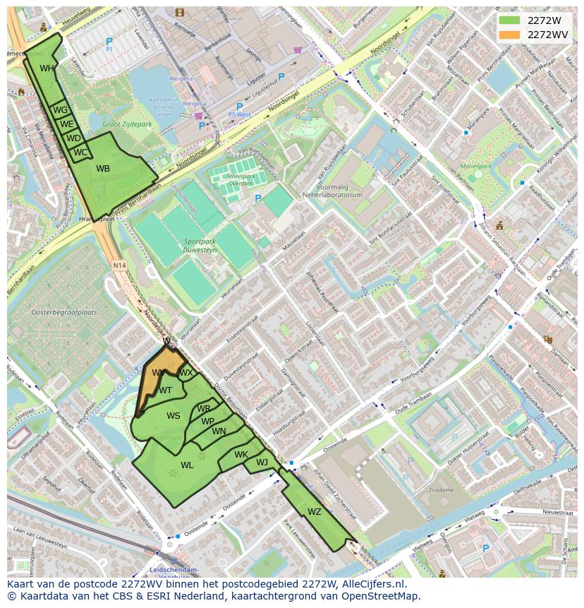 Afbeelding van het postcodegebied 2272 WV op de kaart.