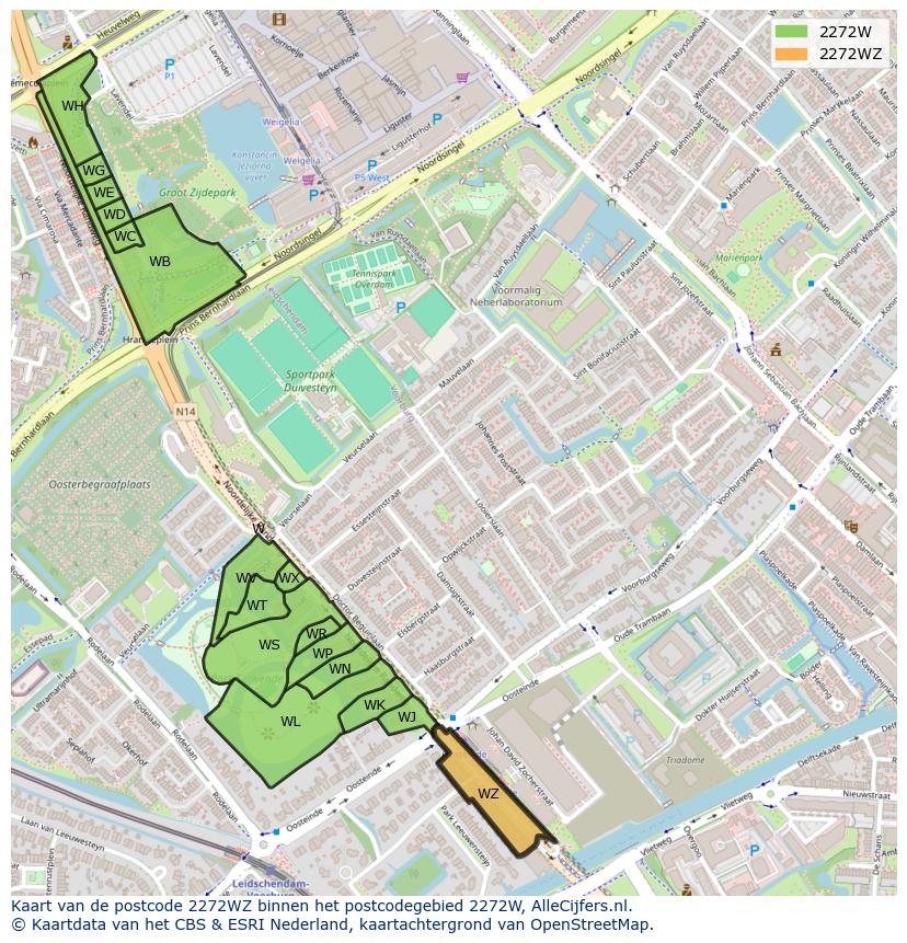 Afbeelding van het postcodegebied 2272 WZ op de kaart.