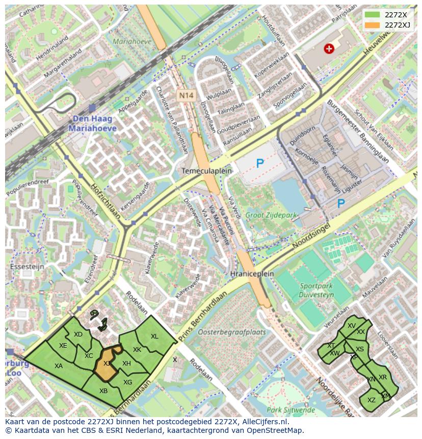 Afbeelding van het postcodegebied 2272 XJ op de kaart.