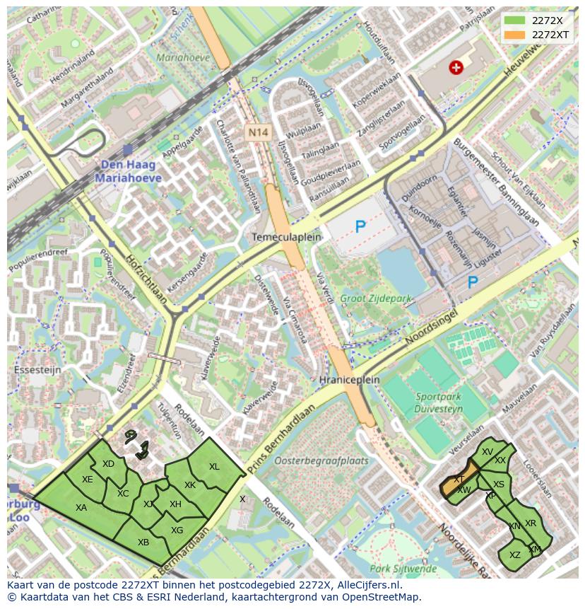 Afbeelding van het postcodegebied 2272 XT op de kaart.