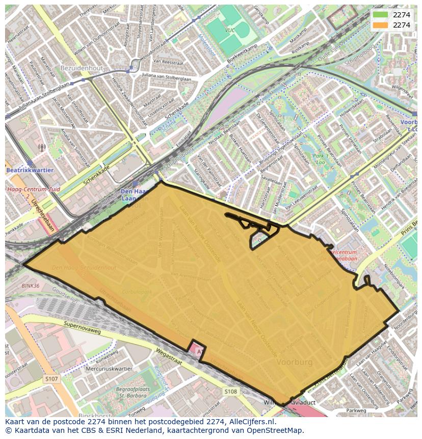 Afbeelding van het postcodegebied 2274 op de kaart.