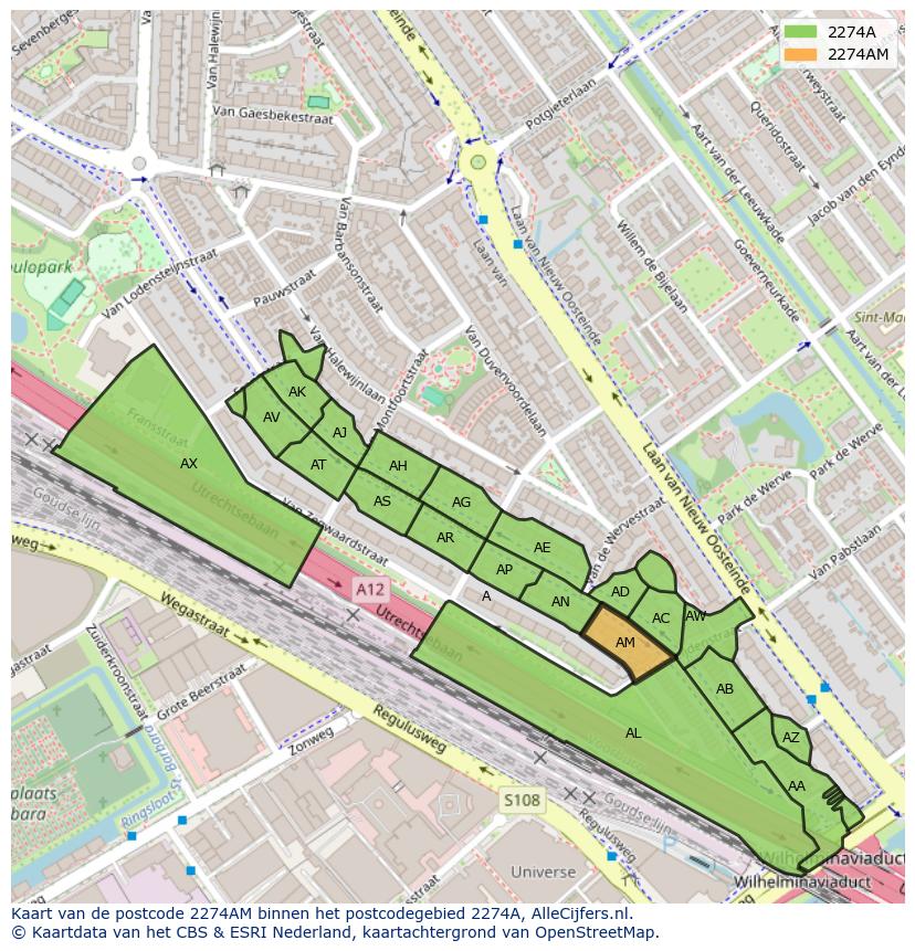 Afbeelding van het postcodegebied 2274 AM op de kaart.