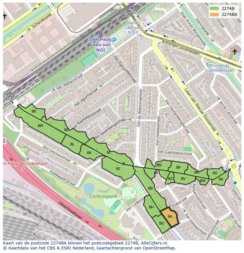Afbeelding van het postcodegebied 2274 BA op de kaart.