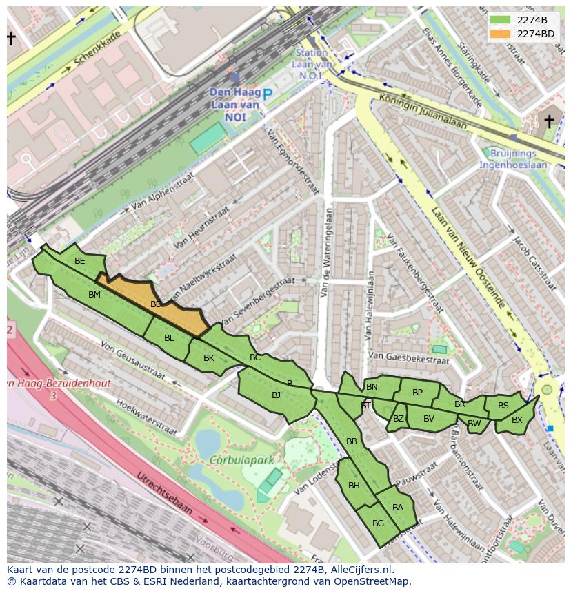 Afbeelding van het postcodegebied 2274 BD op de kaart.