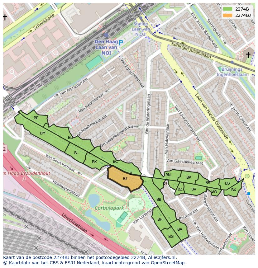 Afbeelding van het postcodegebied 2274 BJ op de kaart.