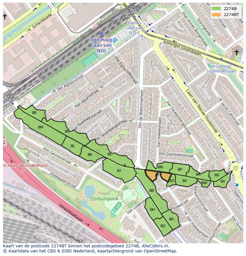 Afbeelding van het postcodegebied 2274 BT op de kaart.