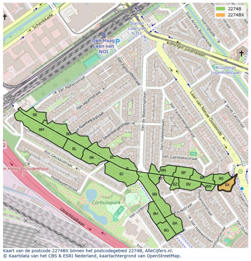 Afbeelding van het postcodegebied 2274 BX op de kaart.
