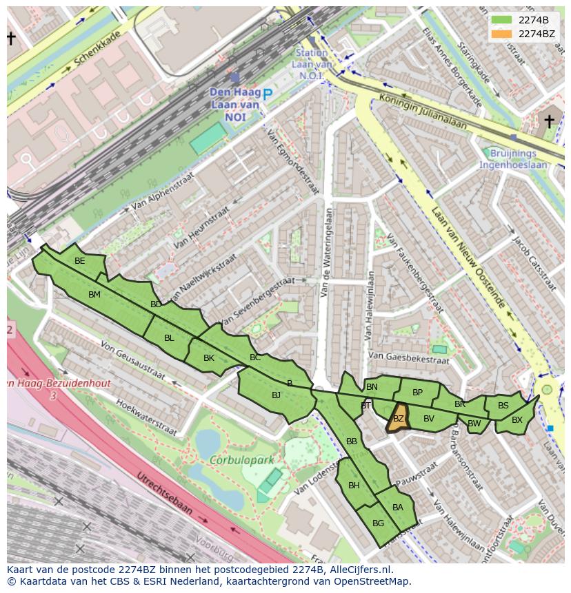 Afbeelding van het postcodegebied 2274 BZ op de kaart.