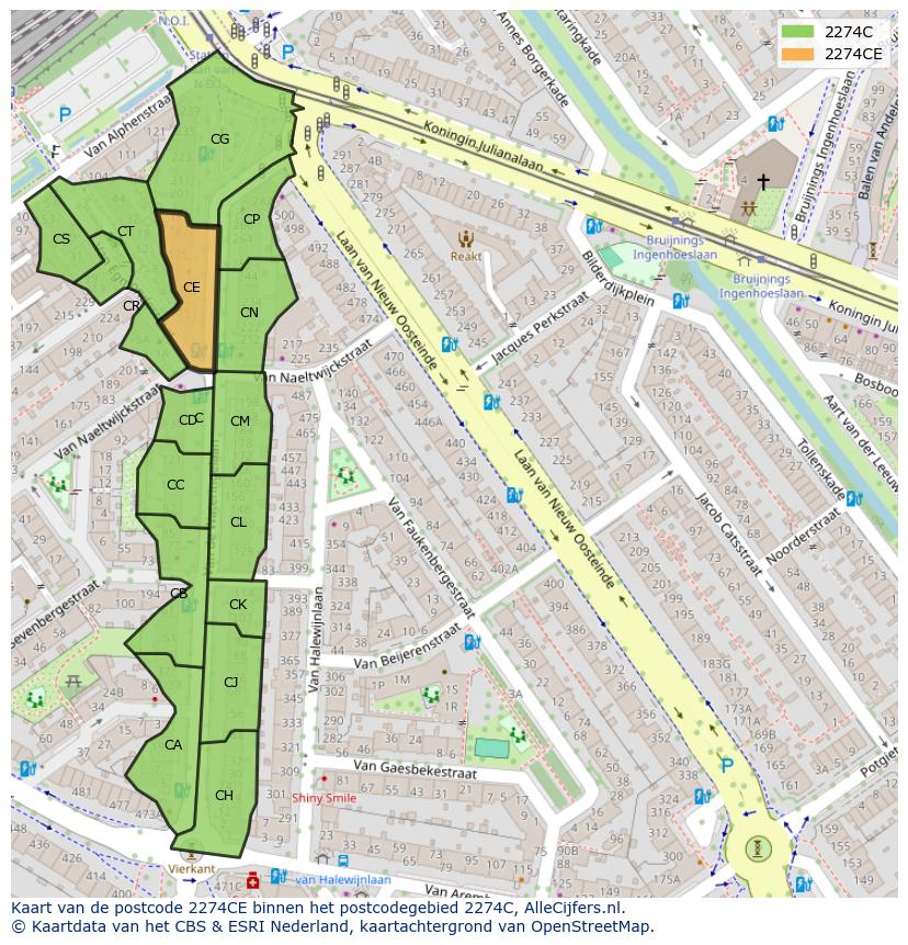 Afbeelding van het postcodegebied 2274 CE op de kaart.