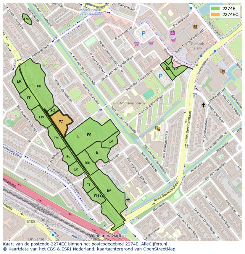 Afbeelding van het postcodegebied 2274 EC op de kaart.