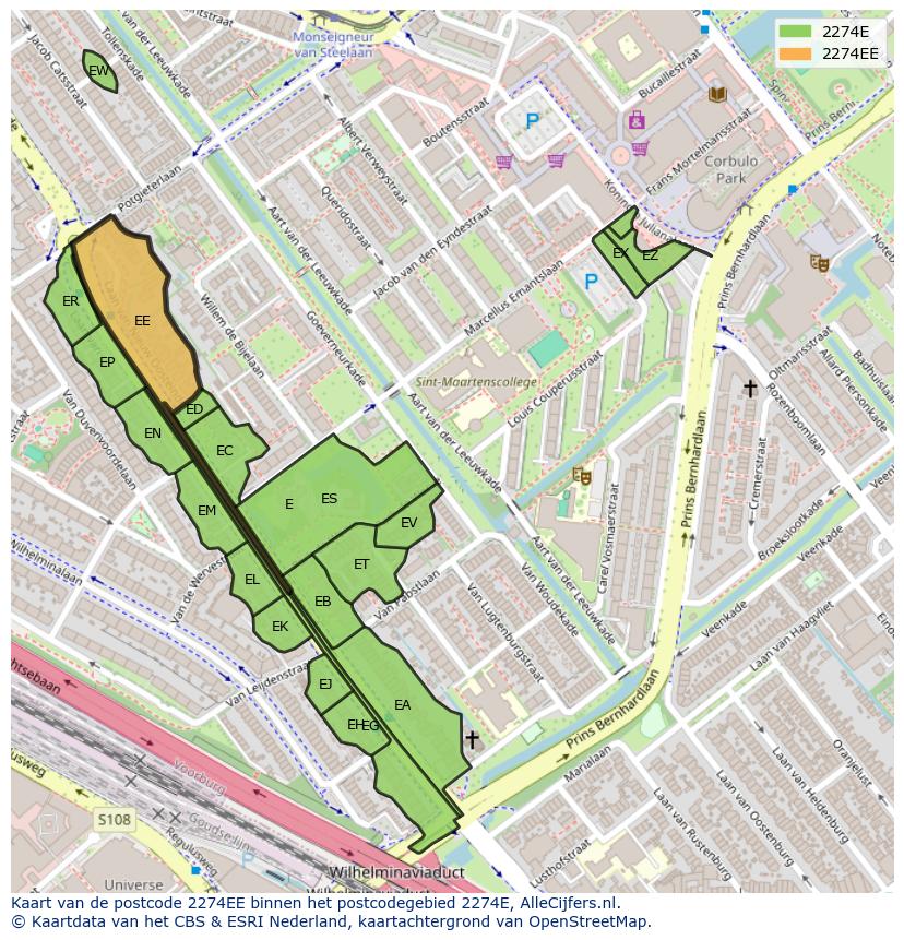 Afbeelding van het postcodegebied 2274 EE op de kaart.