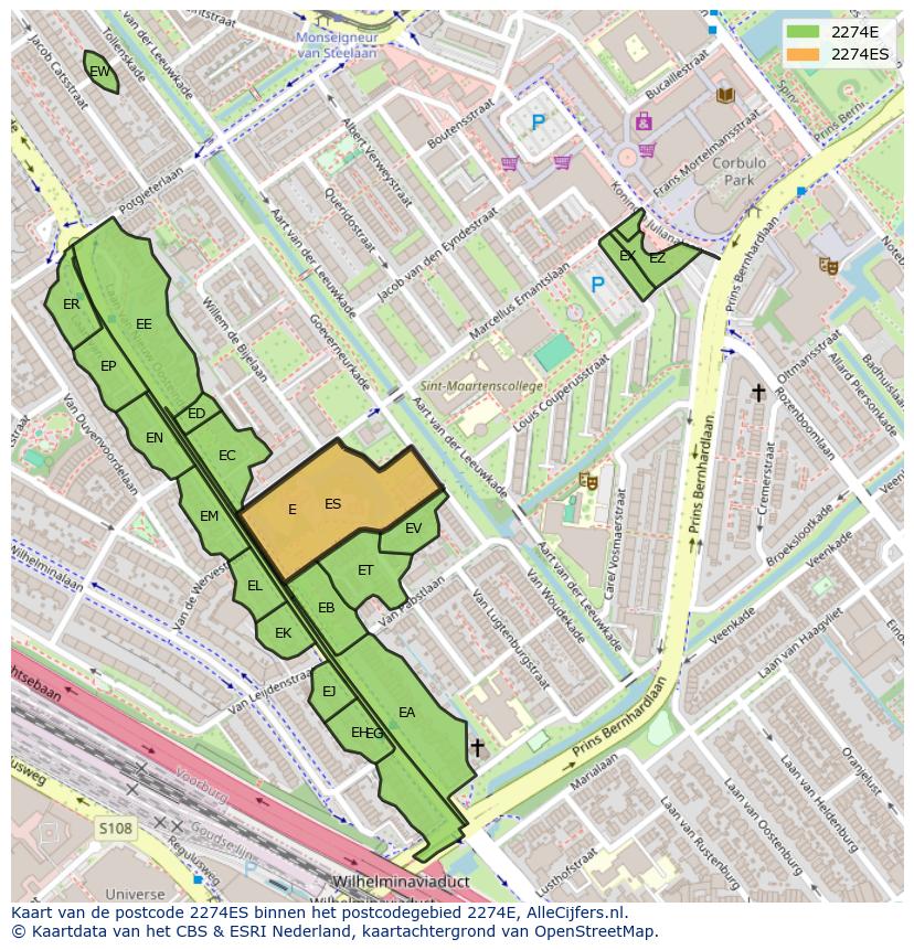 Afbeelding van het postcodegebied 2274 ES op de kaart.