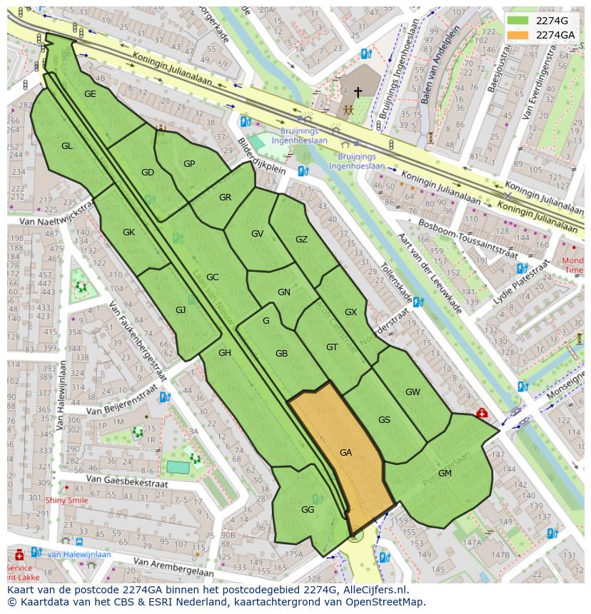 Afbeelding van het postcodegebied 2274 GA op de kaart.