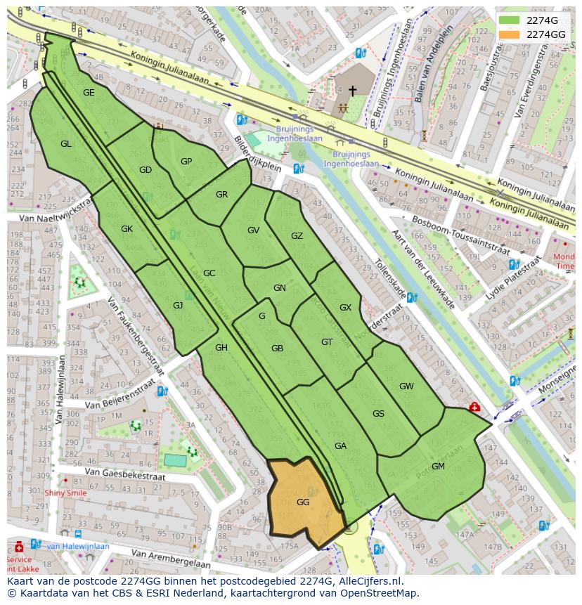 Afbeelding van het postcodegebied 2274 GG op de kaart.