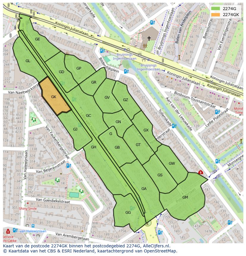 Afbeelding van het postcodegebied 2274 GK op de kaart.
