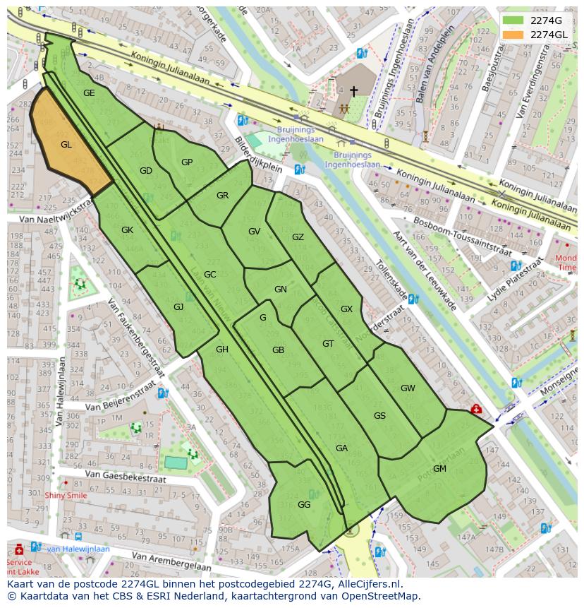 Afbeelding van het postcodegebied 2274 GL op de kaart.
