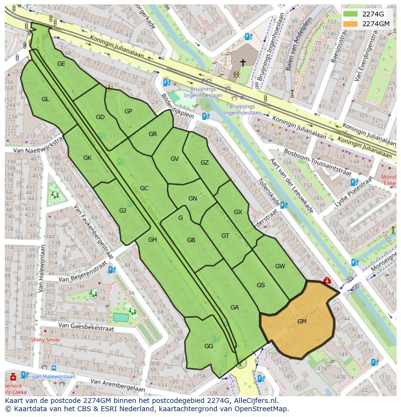 Afbeelding van het postcodegebied 2274 GM op de kaart.
