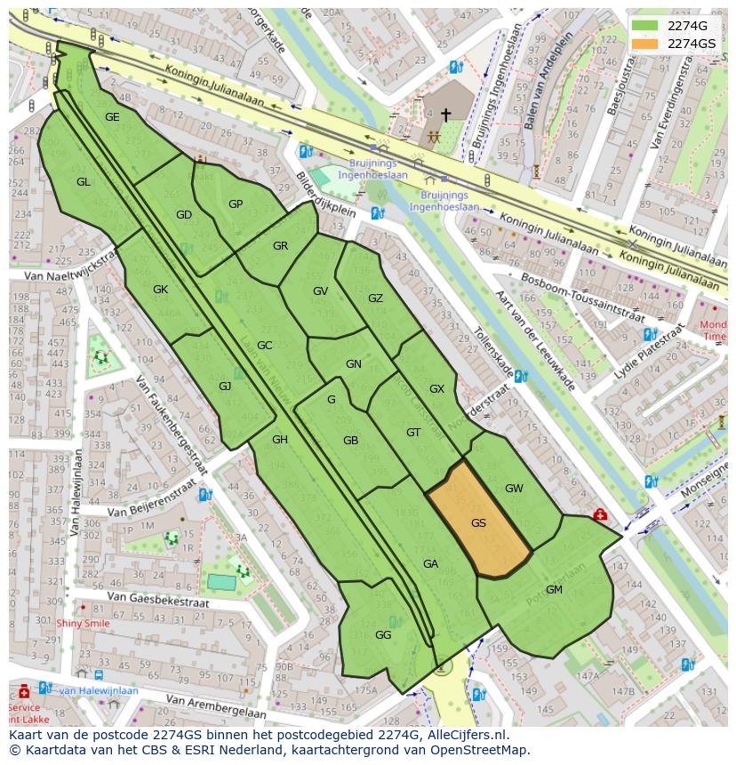 Afbeelding van het postcodegebied 2274 GS op de kaart.