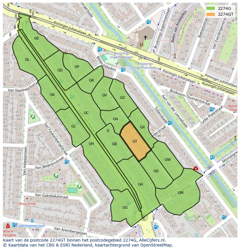 Afbeelding van het postcodegebied 2274 GT op de kaart.