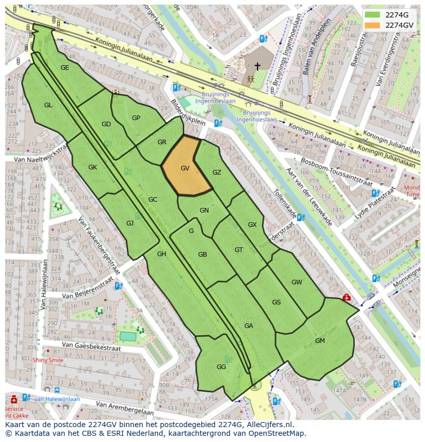 Afbeelding van het postcodegebied 2274 GV op de kaart.