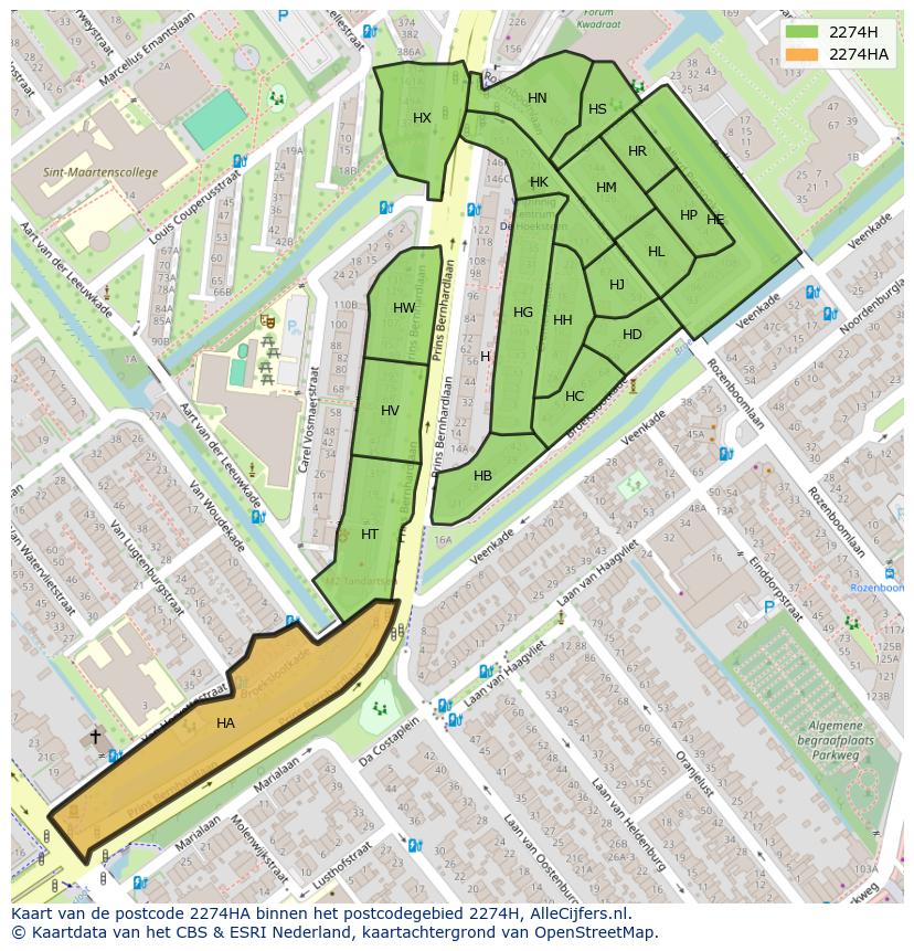 Afbeelding van het postcodegebied 2274 HA op de kaart.