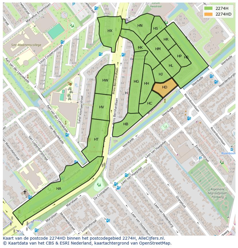 Afbeelding van het postcodegebied 2274 HD op de kaart.
