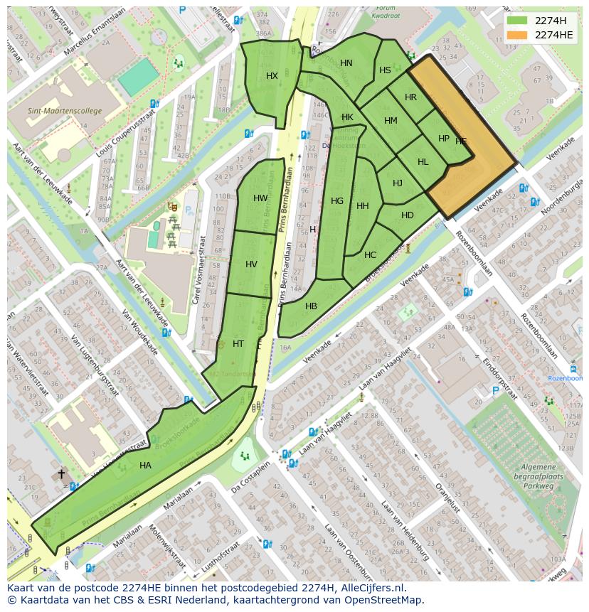 Afbeelding van het postcodegebied 2274 HE op de kaart.