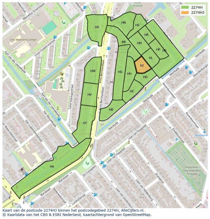 Afbeelding van het postcodegebied 2274 HJ op de kaart.