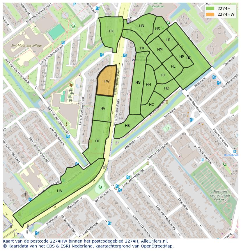 Afbeelding van het postcodegebied 2274 HW op de kaart.