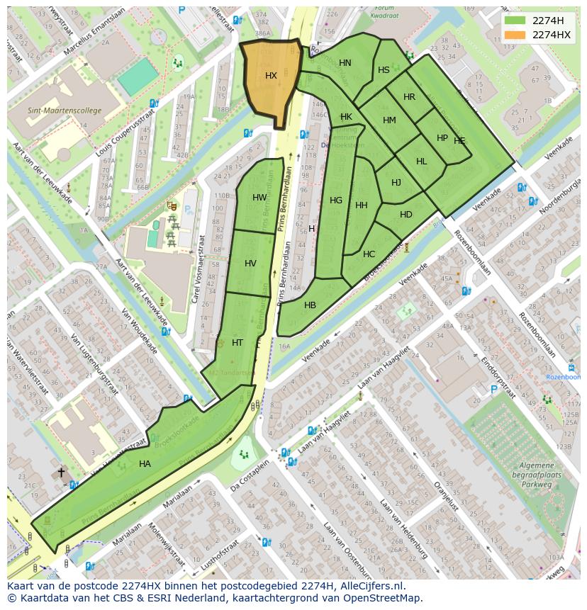 Afbeelding van het postcodegebied 2274 HX op de kaart.