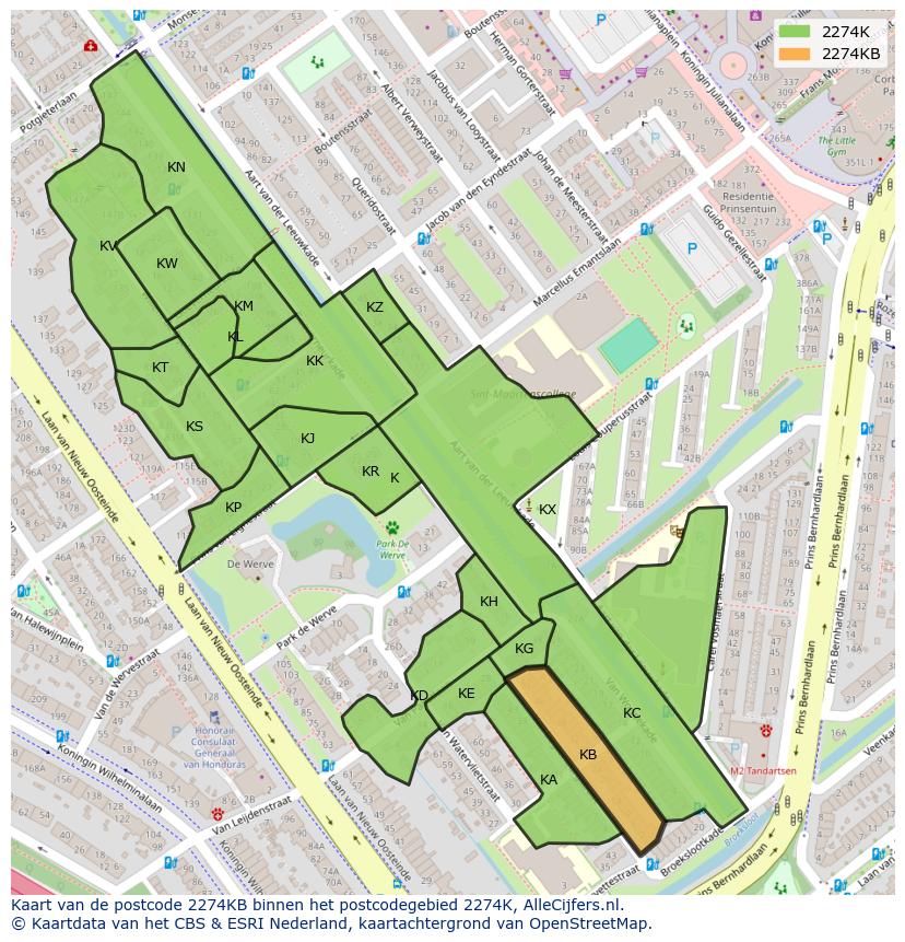 Afbeelding van het postcodegebied 2274 KB op de kaart.