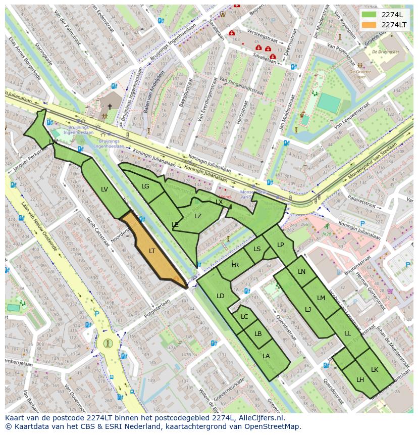 Afbeelding van het postcodegebied 2274 LT op de kaart.