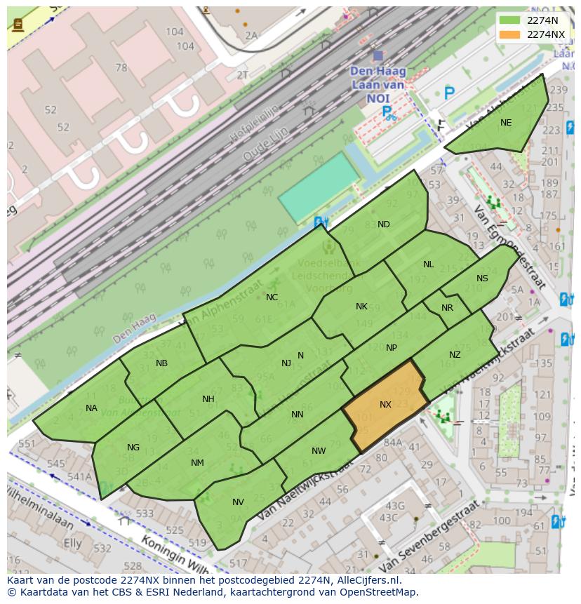 Afbeelding van het postcodegebied 2274 NX op de kaart.