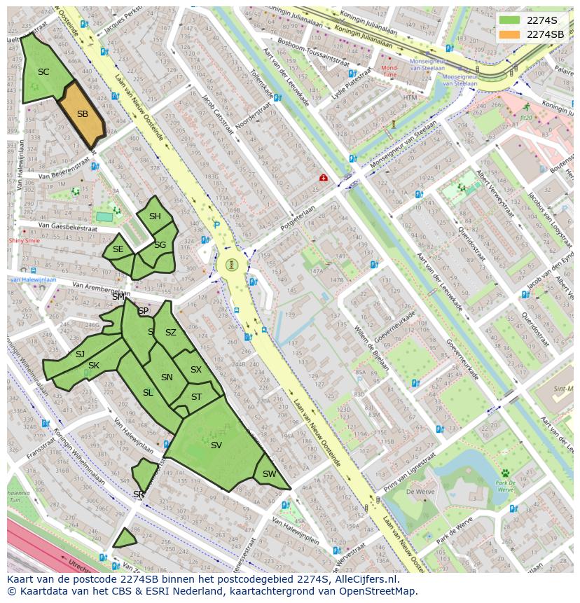 Afbeelding van het postcodegebied 2274 SB op de kaart.