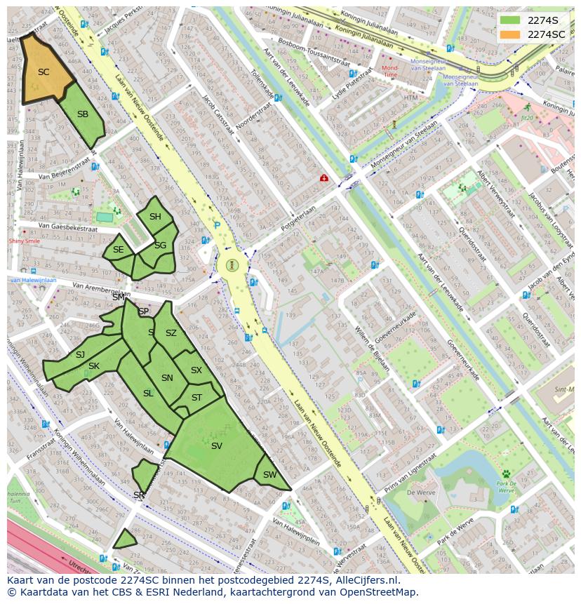 Afbeelding van het postcodegebied 2274 SC op de kaart.